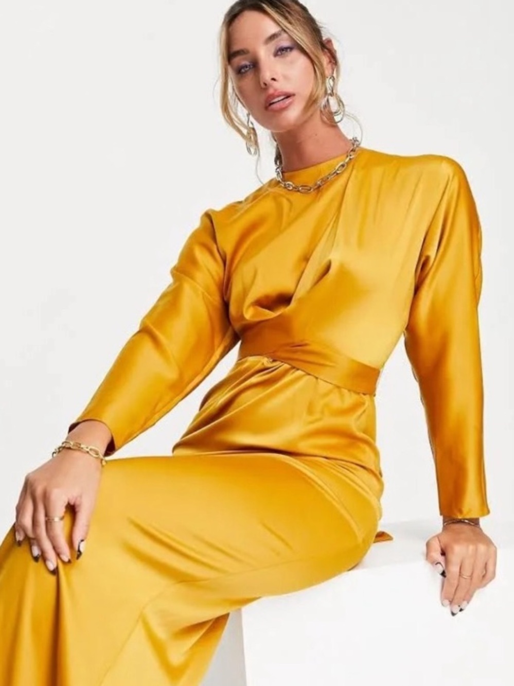 New! ASOS Mustard Long-Sleeve Maxi Dress Satin Long Sleeve Size 4